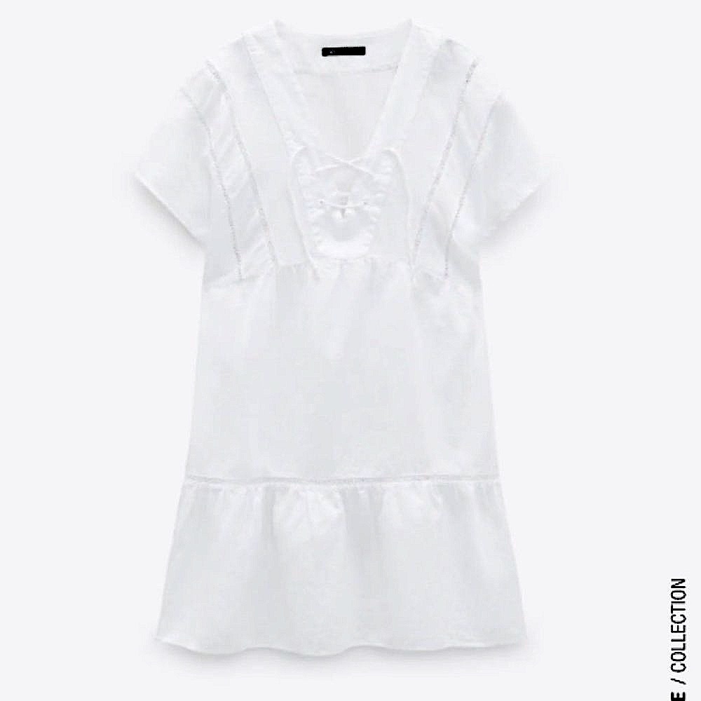 Zara Lace Inset Linen + Cotton White Dress Sz L